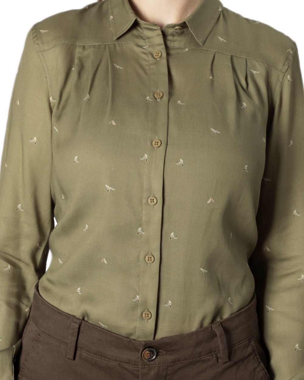 Dust Green Flying Ducks coloured Harkila Womens Abigail Long Sleeve Shirt on white background 