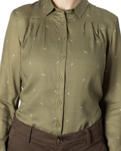 Dust Green Flying Ducks coloured Harkila Womens Abigail Long Sleeve Shirt on white background 