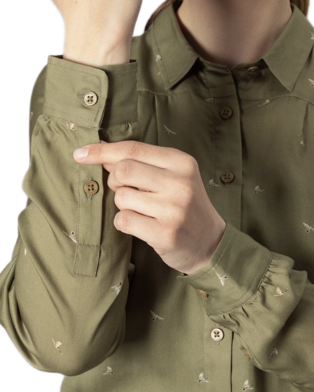 Dust Green Flying Ducks coloured Harkila Womens Abigail Long Sleeve Shirt on white background 