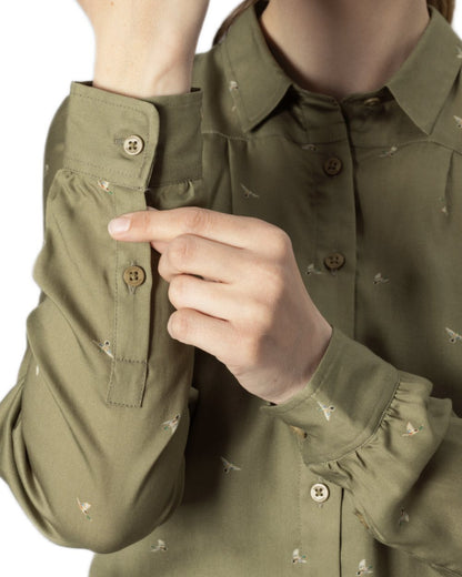 Dust Green Flying Ducks coloured Harkila Womens Abigail Long Sleeve Shirt on white background 
