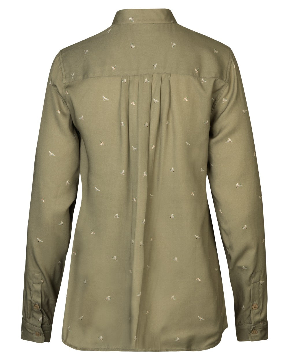 Dust Green Flying Ducks coloured Harkila Womens Abigail Long Sleeve Shirt on white background 