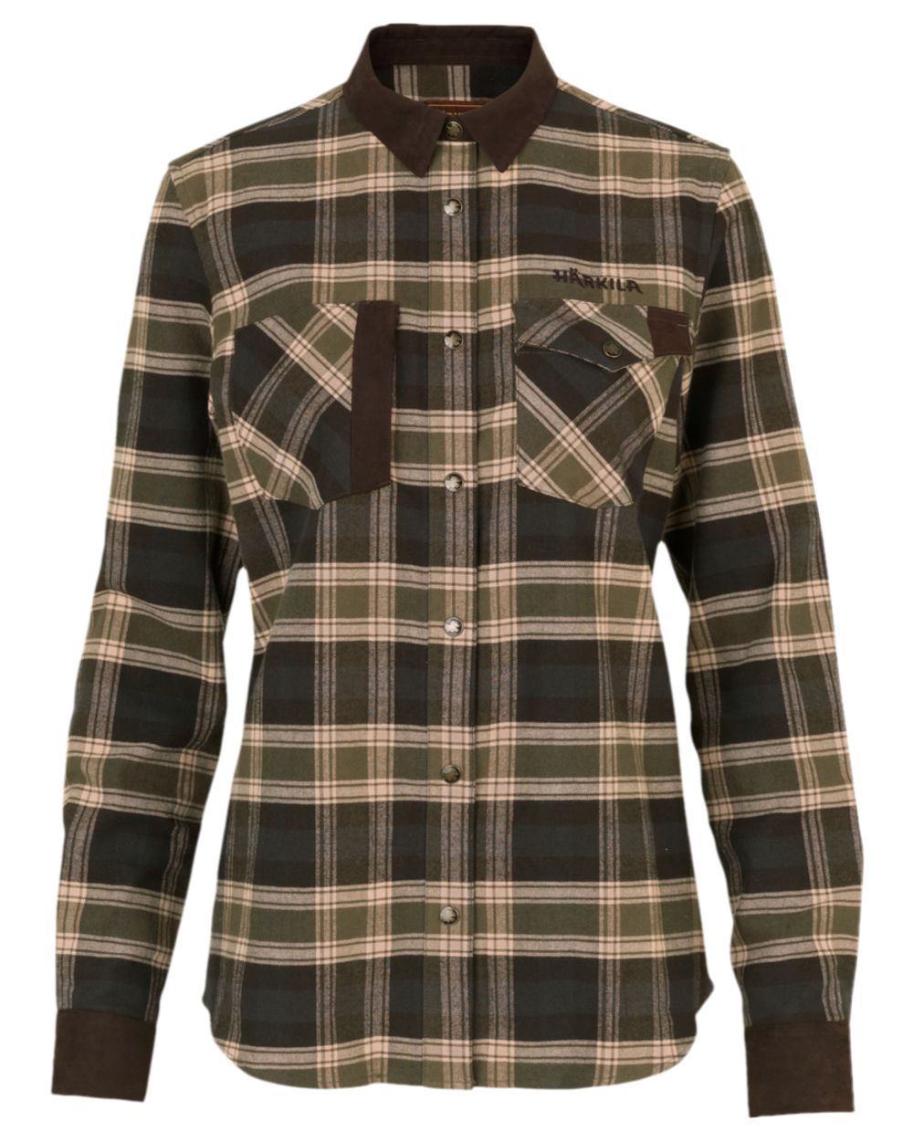 Olive Coloured Harkila Womens Aivak Long Sleeved Shirt on white background 