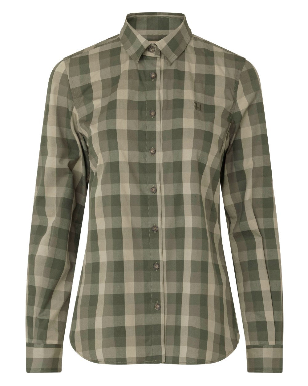 Forest Night Check coloured Harkila Womens Akeena Long Sleeve Shirt on white background 