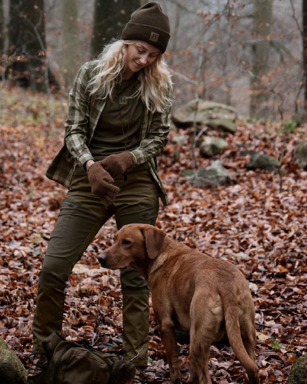 Forest Night Check coloured Harkila Womens Akeena Long Sleeve Shirt on woodland background 