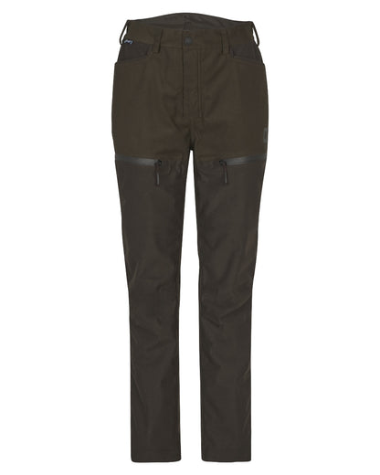 Hunting Green Shadow Brown Coloured Harkila Womens Aspire HWS Trousers on white background 