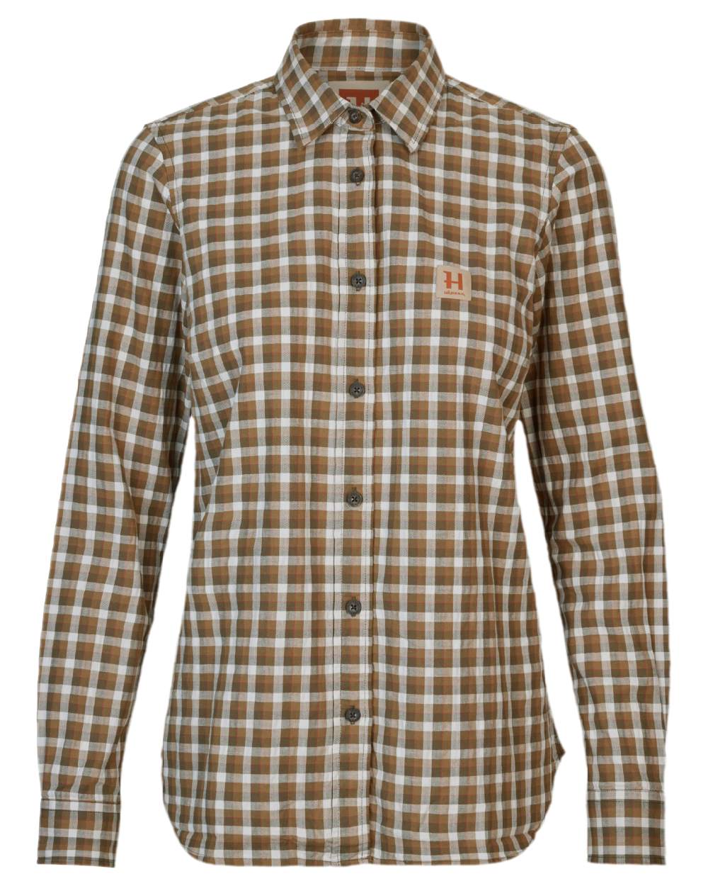 Dark Olive Check Coloured Harkila Womens Fjell Long Sleeve Shirt on white background 