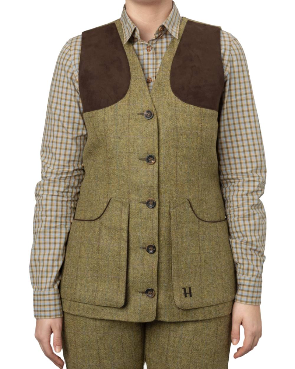 Olive Coloured Harkila Womens Jura Shooting Waistcoat on white background 