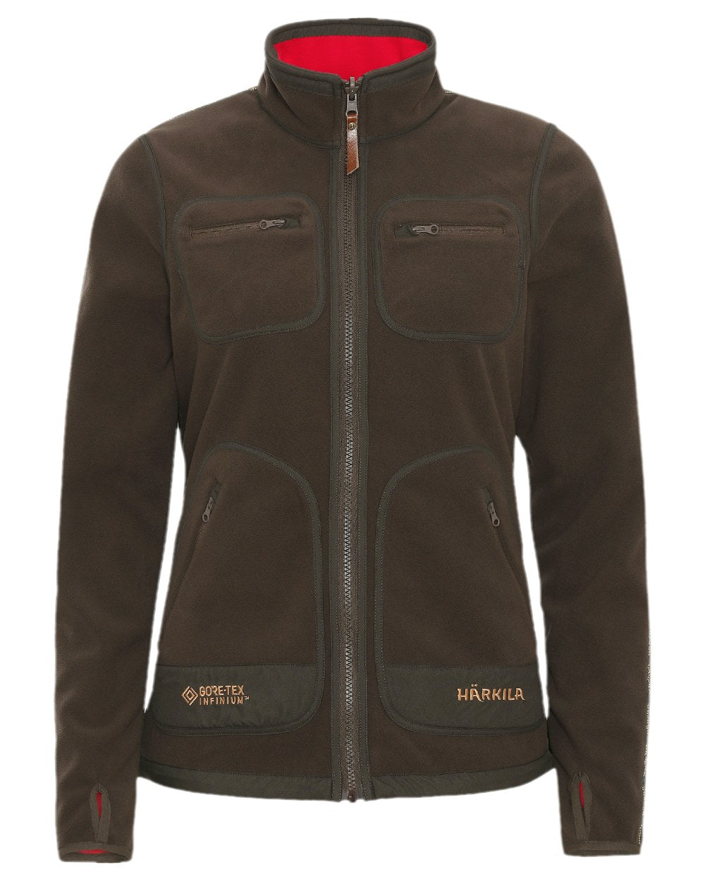 Brown Red Coloured Harkila Womens Kamko Reversible Windstopper Fleece Jacket on white background 