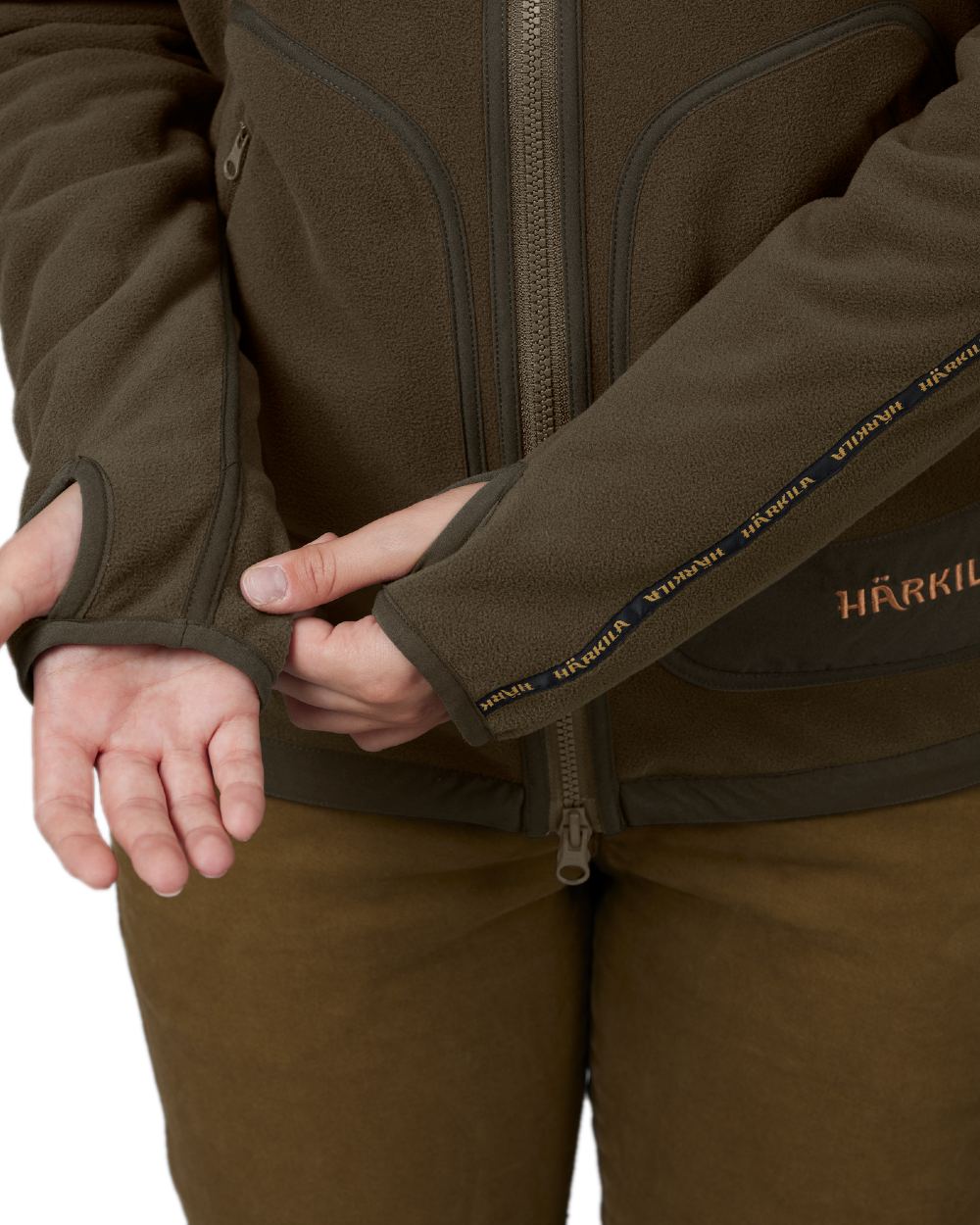 Brown Red Coloured Harkila Womens Kamko Reversible Windstopper Fleece Jacket on white background 
