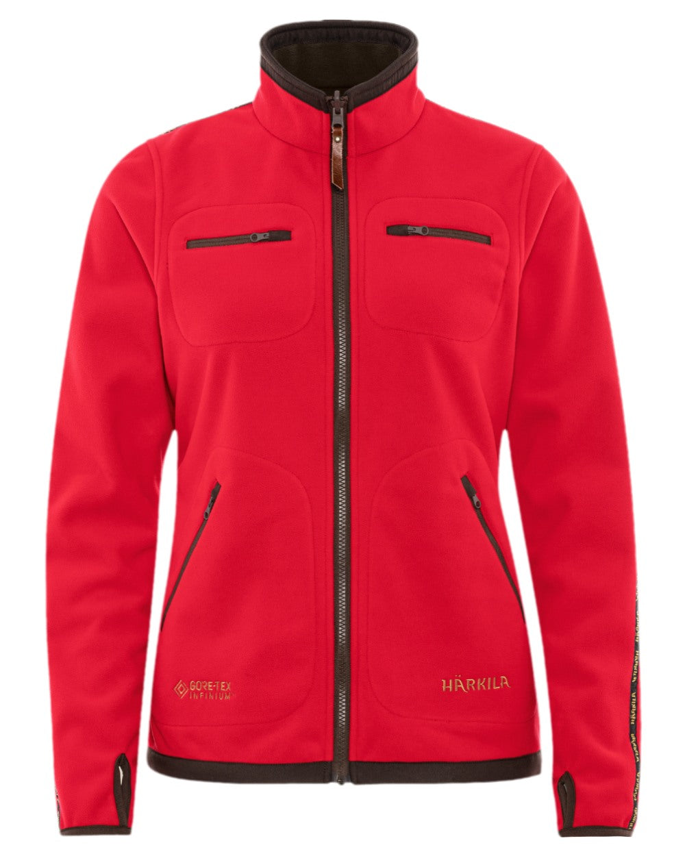 Brown Red Coloured Harkila Womens Kamko Reversible Windstopper Fleece Jacket on white background 