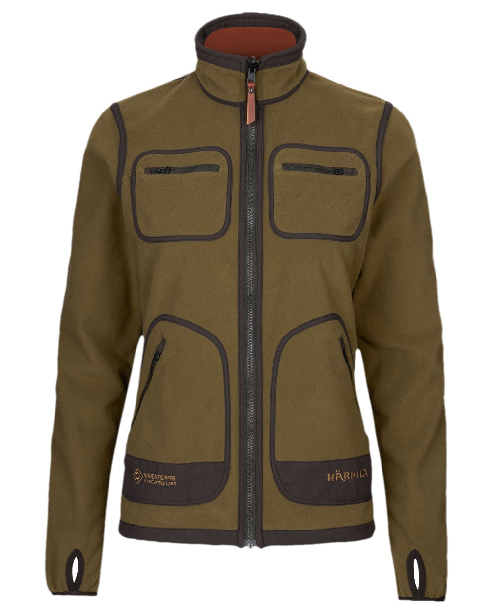 Dark Olive Arabian Spice Coloured Harkila Womens Kamko Reversible Windstopper Fleece Jacket on white background 