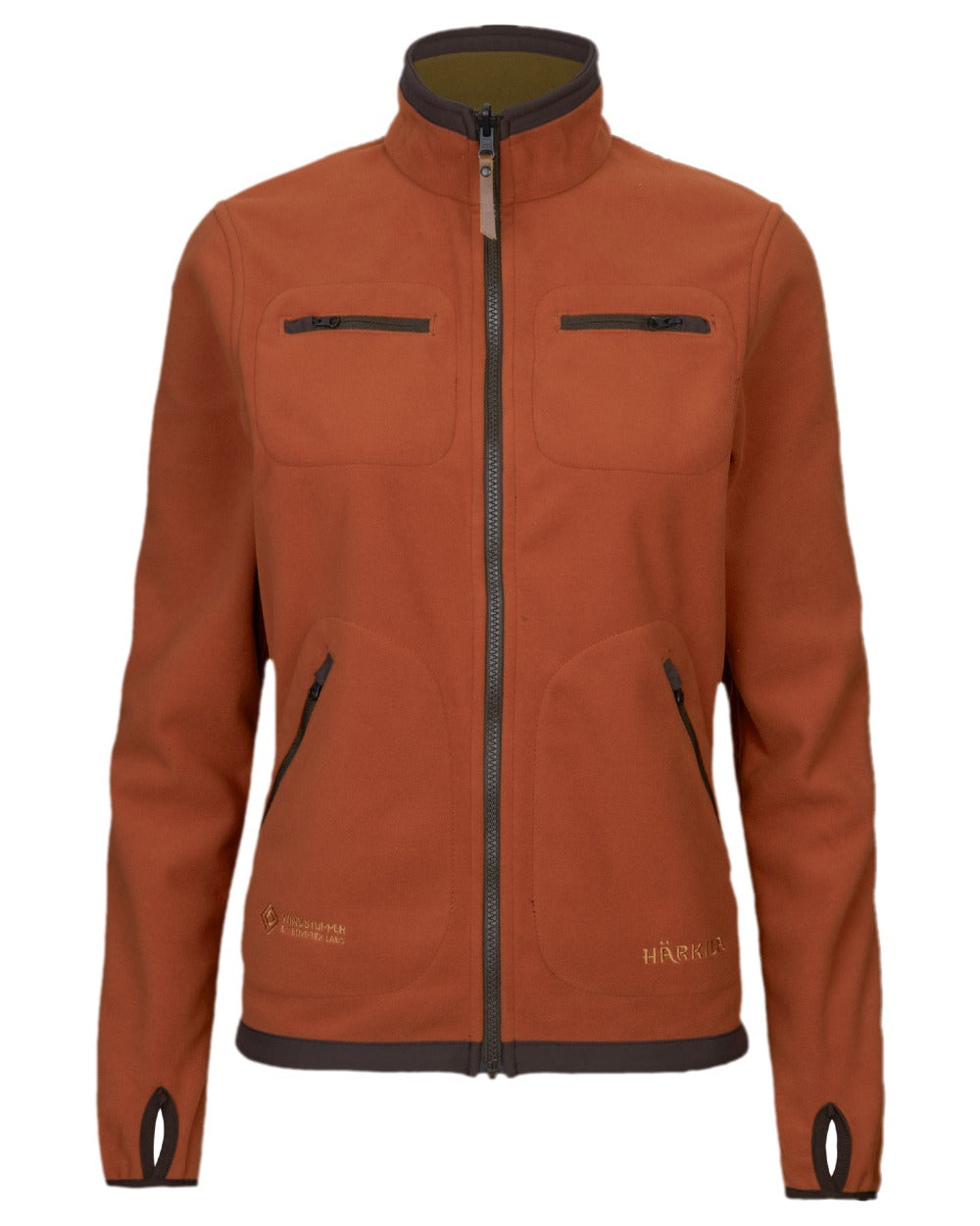 Dark Olive Arabian Spice Coloured Harkila Womens Kamko Reversible Windstopper Fleece Jacket on white background 