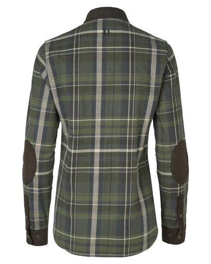 Olive Check Coloured Harkila Womens Pajala Long Sleeve Shirt on white background 