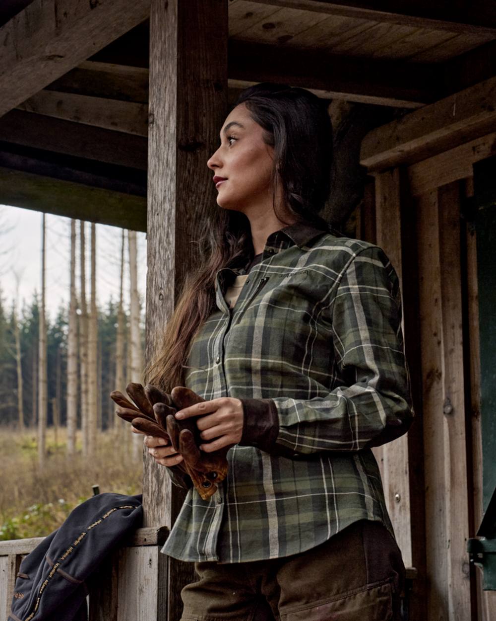 Olive Check Coloured Harkila Womens Pajala Long Sleeve Shirt on outdoor background 