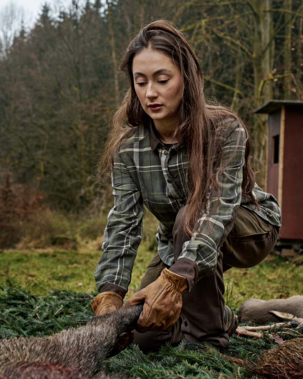 Olive Check Coloured Harkila Womens Pajala Long Sleeve Shirt on outdoor background 