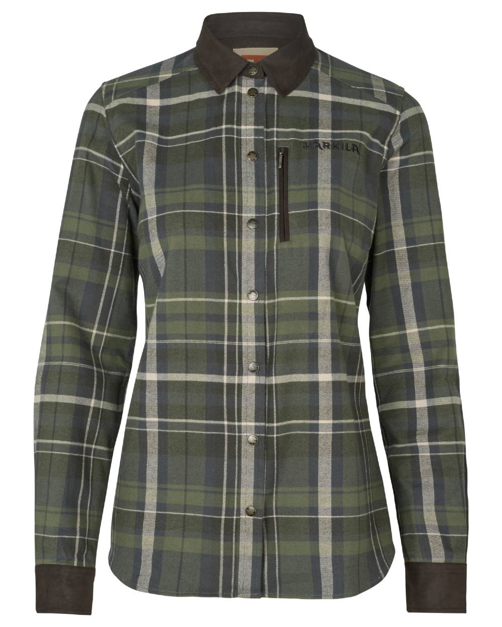 Olive Check Coloured Harkila Womens Pajala Long Sleeve Shirt on white background 