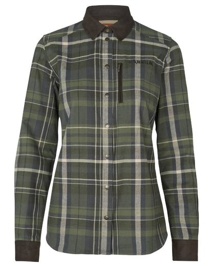 Olive Check Coloured Harkila Womens Pajala Long Sleeve Shirt on white background 