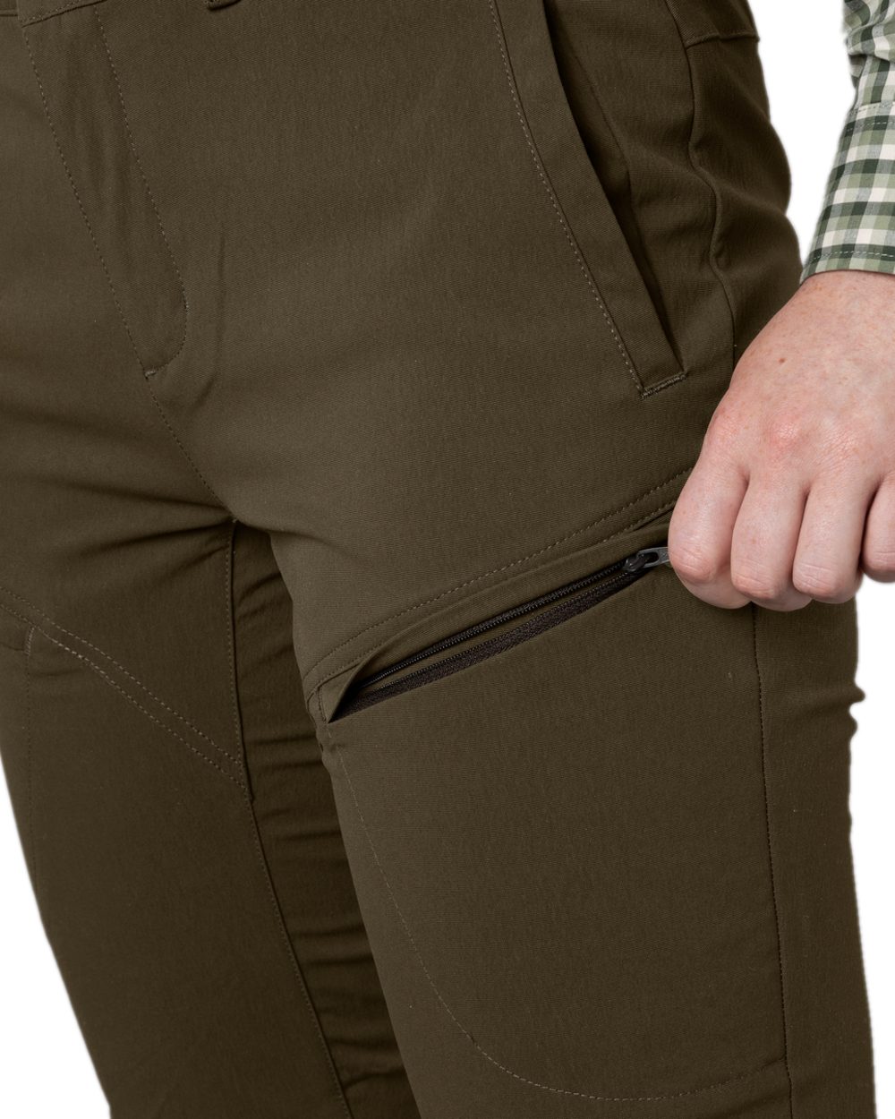 Dark Warm Olive Coloured Harkila Womens Retrieve Light Trousers on white background 
