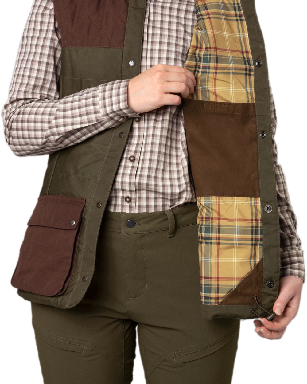 Dark Warm Olive Burgundy Coloured Harkila Womens Retrieve Waistcoat on white background 