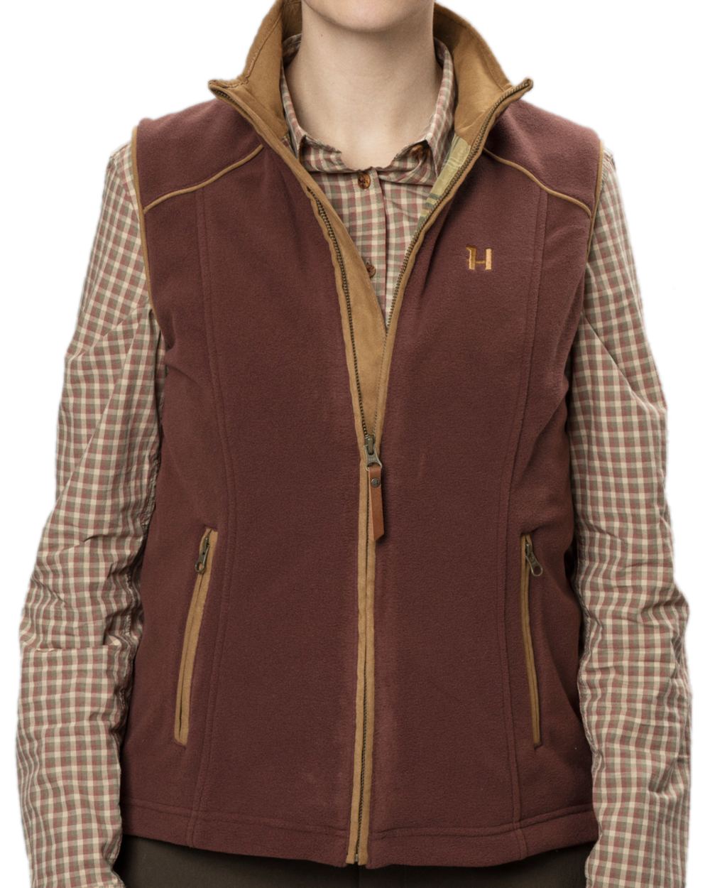 Burgundy Coloured Harkila Womens Sandhem 200 Fleece Waistcoat on white background 