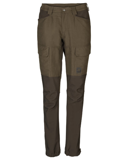 Willow Green Deep Brown coloured Harkila Womens Scandinavian Trousers on white background 