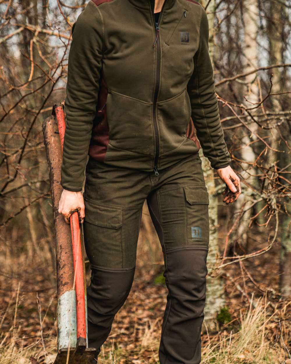 Willow Green Deep Brown coloured Harkila Womens Scandinavian Trousers on forest background 