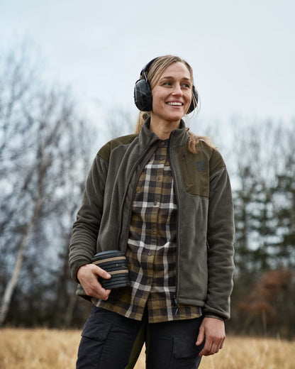 Willow Green Phantom Coloured Harkila Womens Sigrid Long Sleeve Shirt on outdoor background 