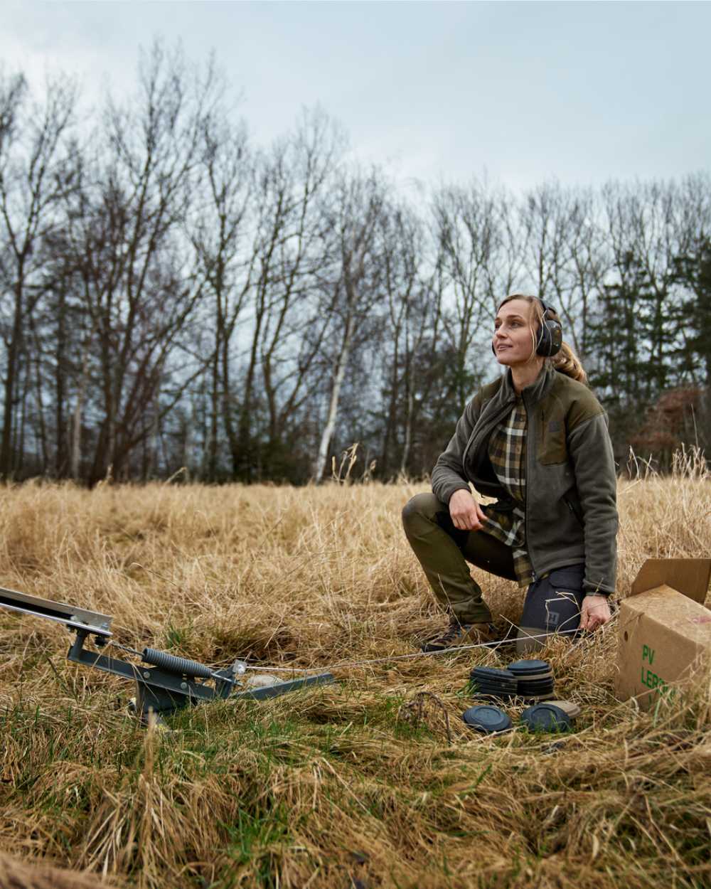 Willow Green Shadow Grey Coloured Harkila Womens Vilja Fleece Jacket on forest background 