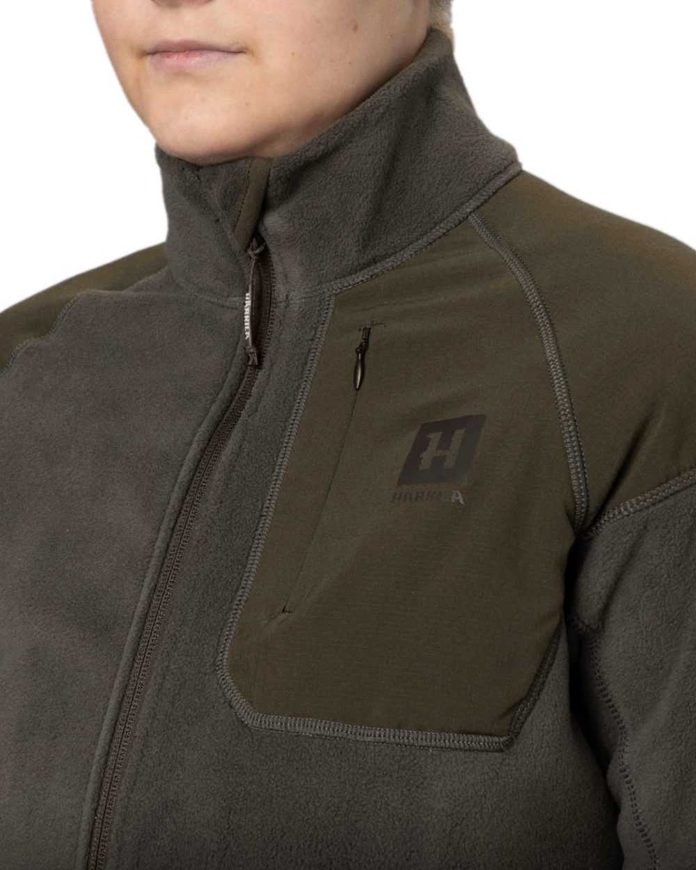 Willow Green Shadow Grey Coloured Harkila Womens Vilja Fleece Jacket on white background 