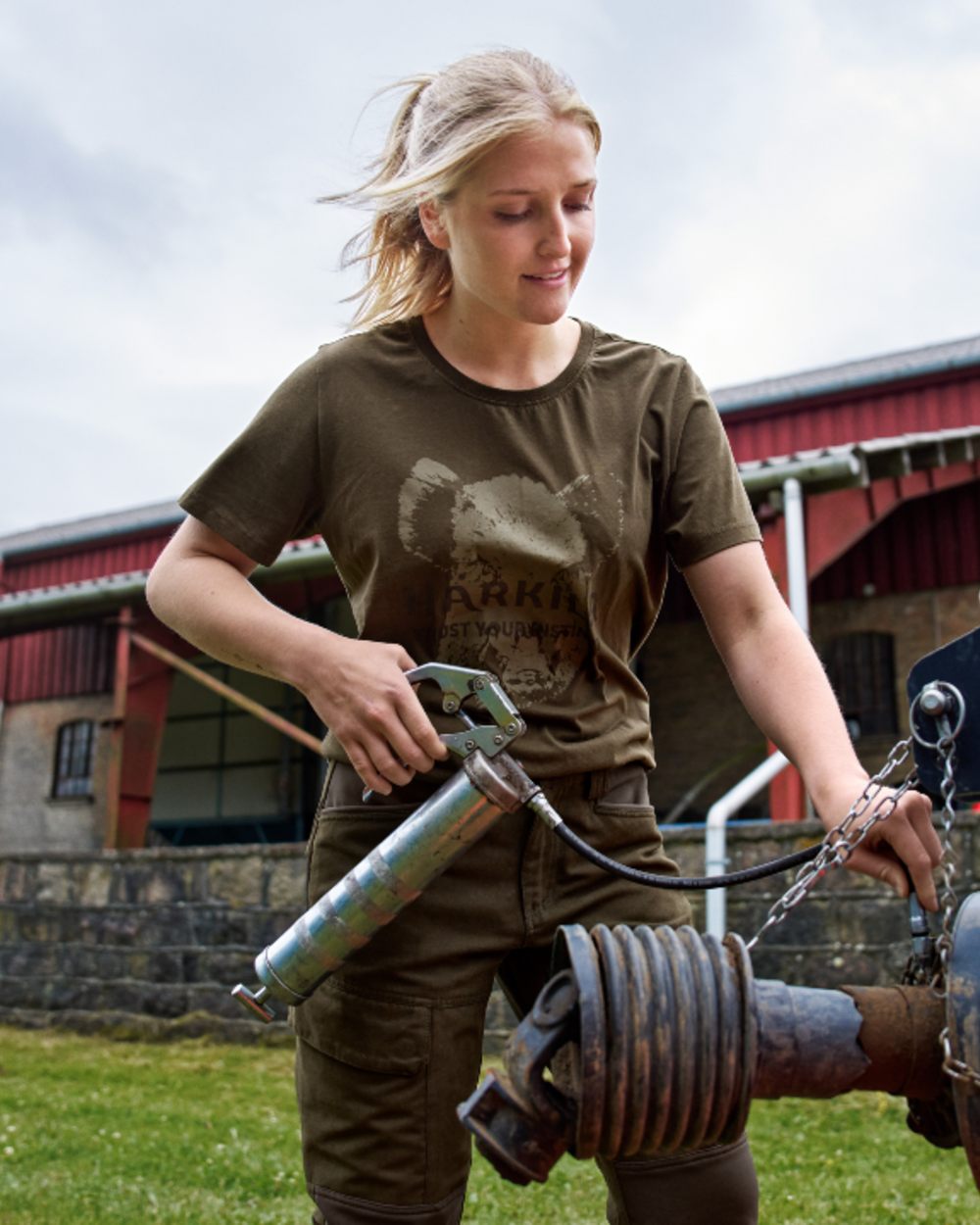 Willow Green Coloured Harkila Womens Wildboar Short Slevee T-Shirt on outdoor background 