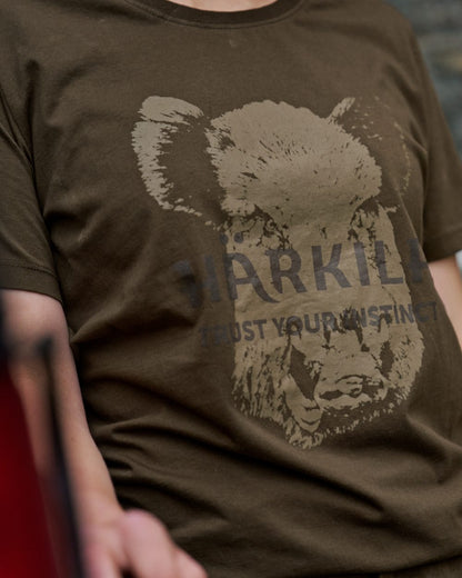 Willow Green Coloured Harkila Womens Wildboar Short Slevee T-Shirt on outdoor background 