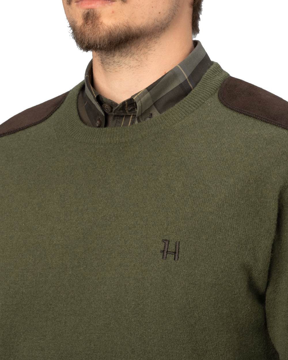 Olive coloured Harkila Arran Pullover on white background 