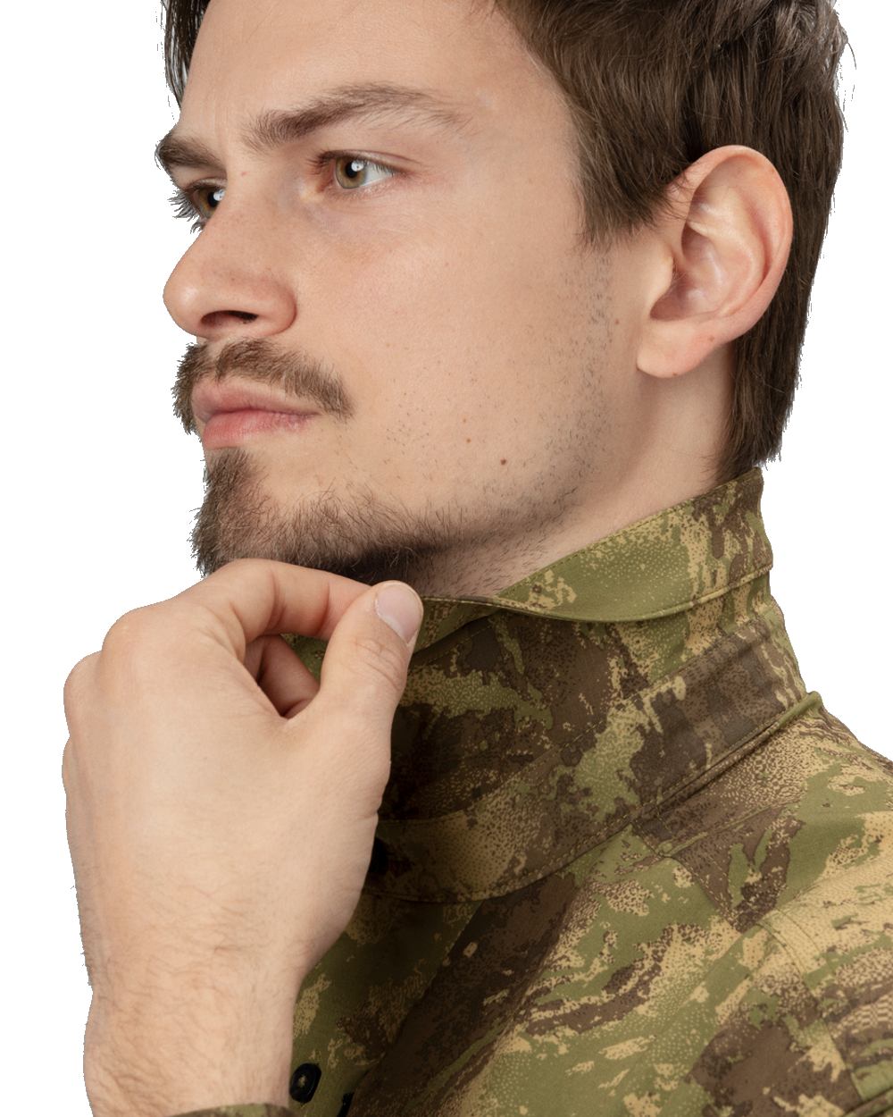 AXIS Forest coloured Harkila Deer Stalker Camo Long Sleeve Shirt collar on white background