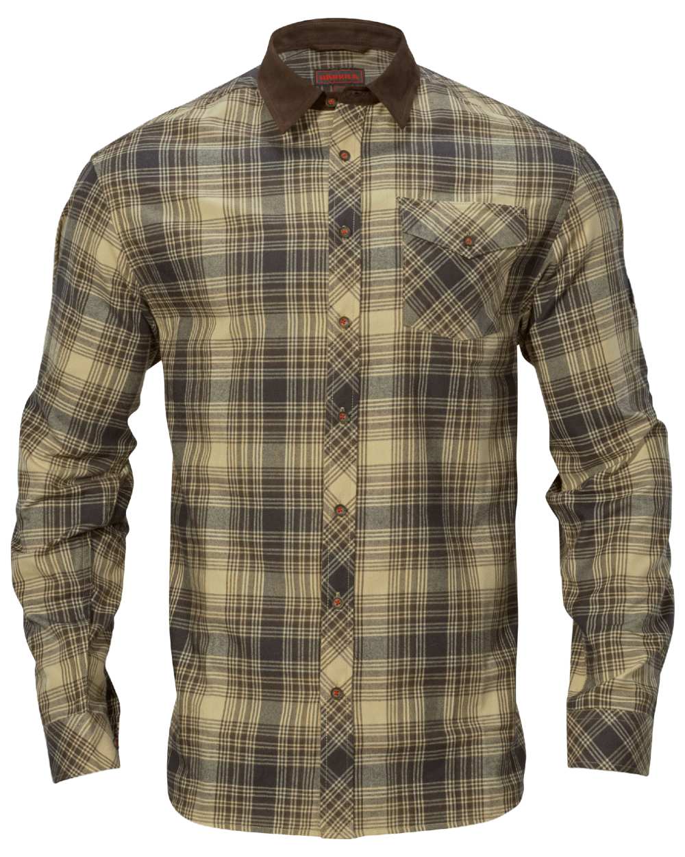 Light Teak Check coloured Harkila Driven Hunt Flannel Shirt on white background 