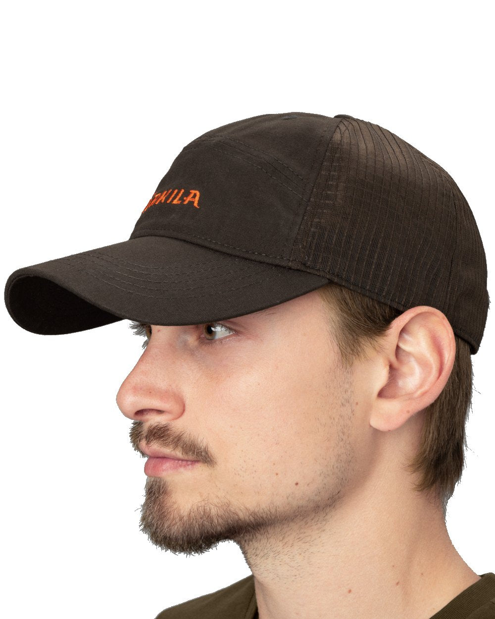 Shadow Brown coloured Harkila Impact Cap worn by model on white background