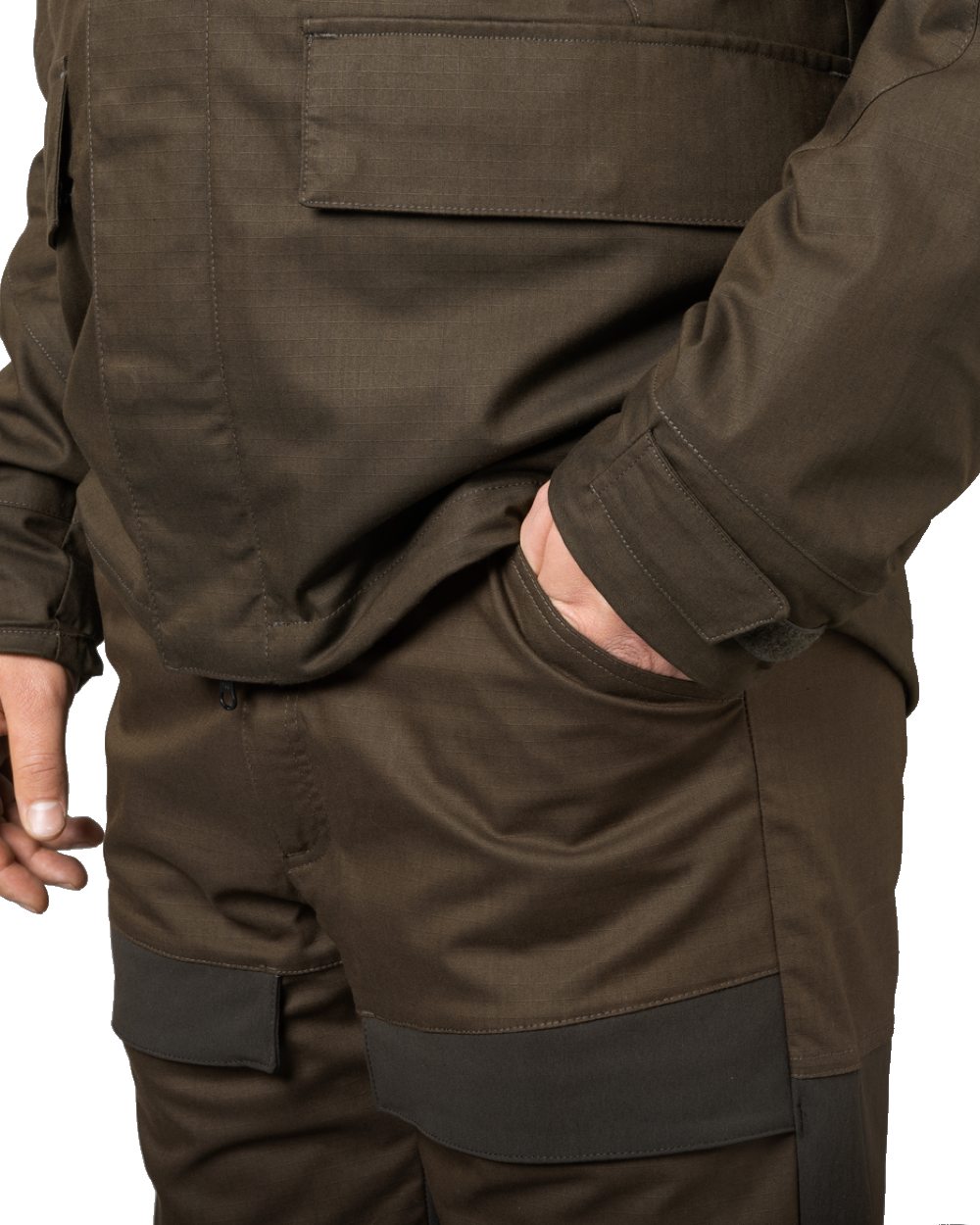 Willow Green/Shadow Brown coloured Harkila Nordic Hunter HWS Trousers on white background