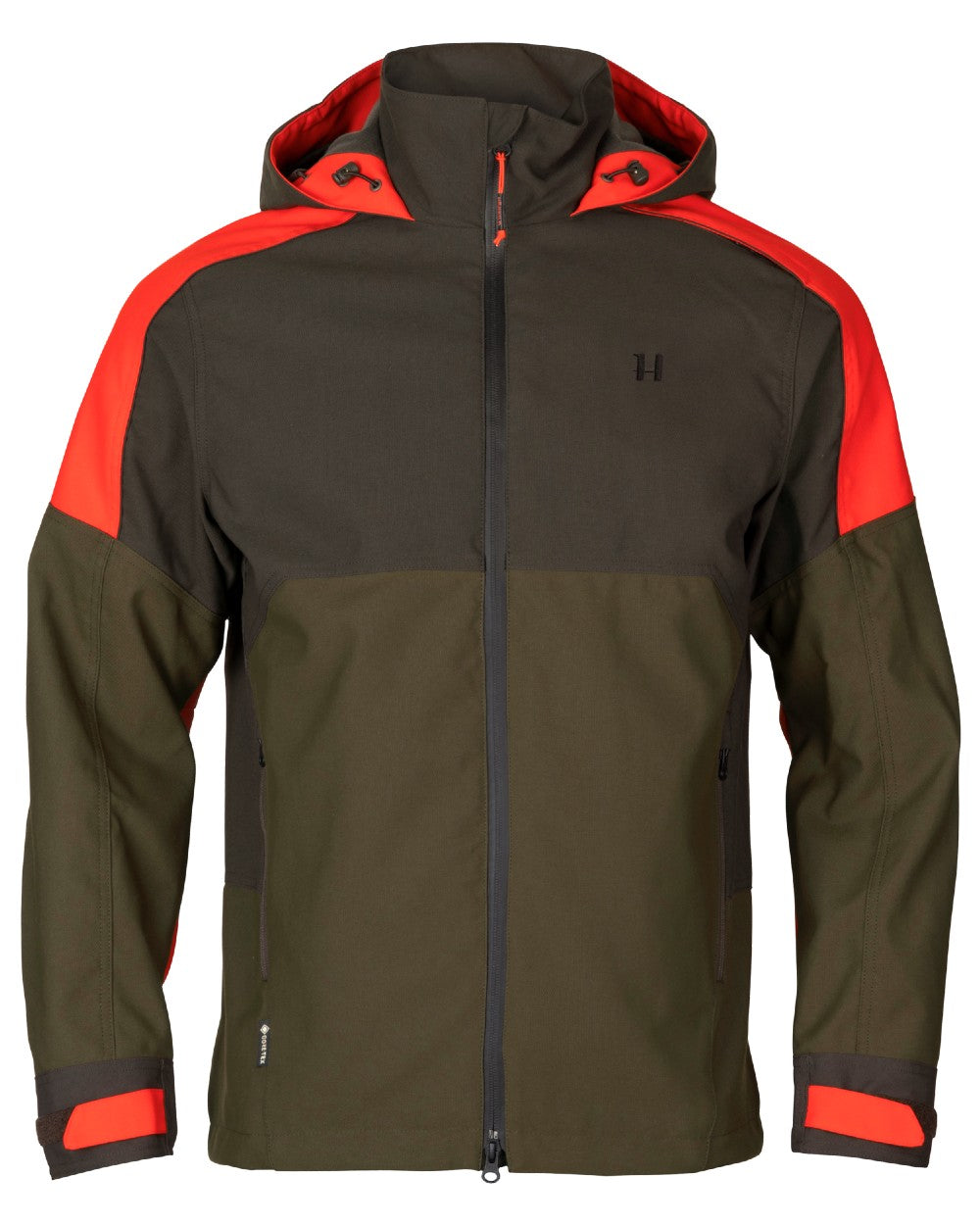 Willow Green/Orange coloured Harkila Pro Hunter Dog Keeper GTX Jacket on white background