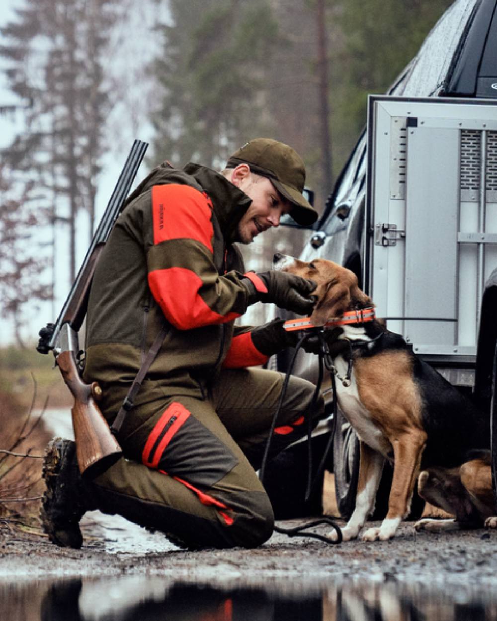 Willow Green/Orange coloured Harkila Pro Hunter Dog Keeper GTX Jacket worn out shooting with dog