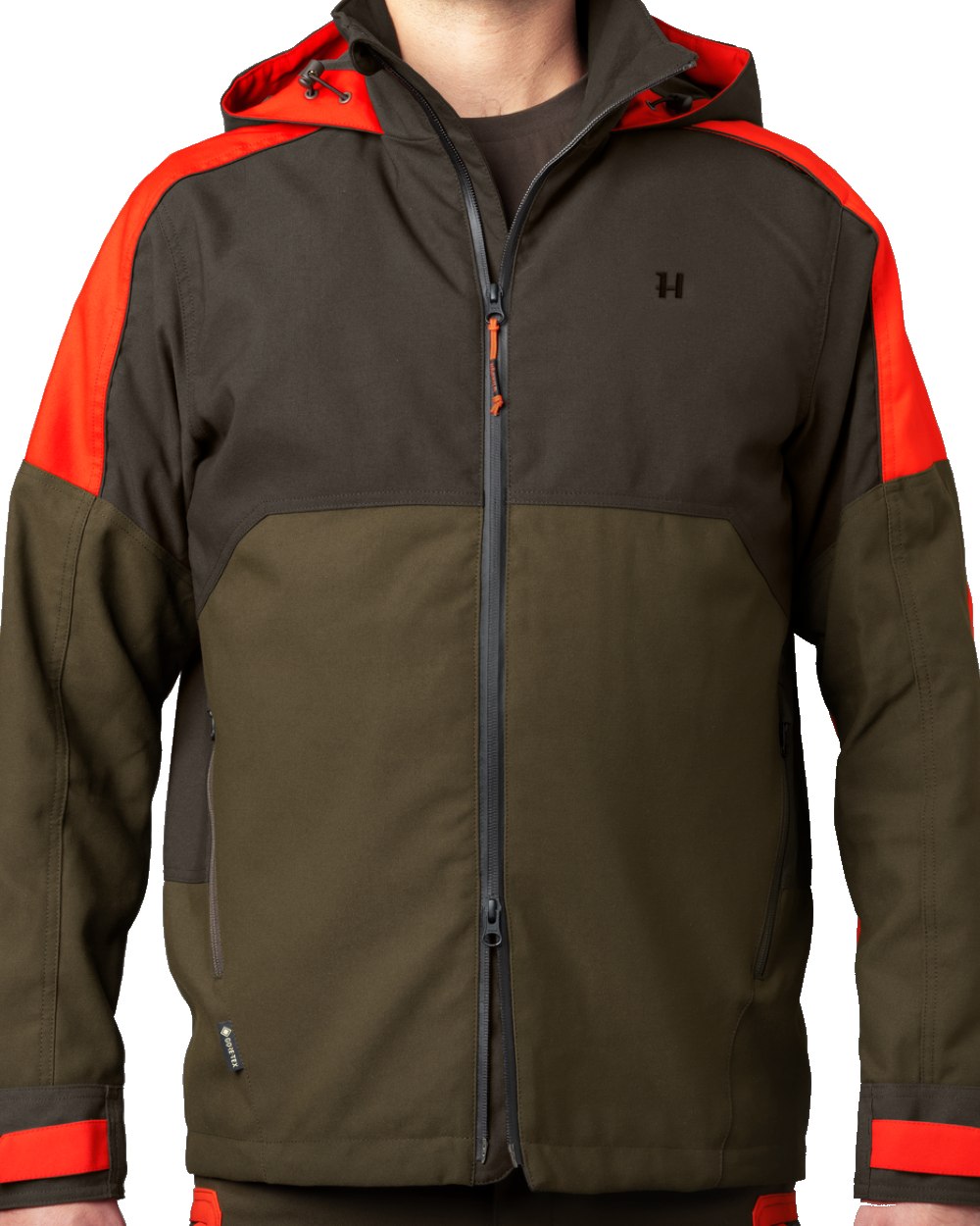 Willow Green/Orange coloured Harkila Pro Hunter Dog Keeper GTX Jacket on white background