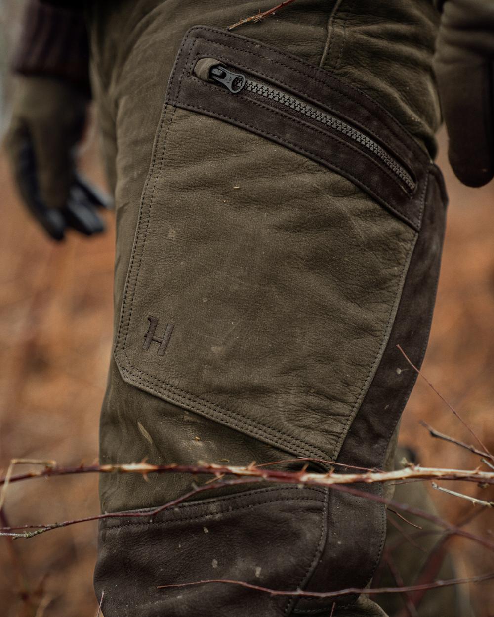Willow Green coloured Harkila Pro Hunter Leather Trousers worn during a hunt