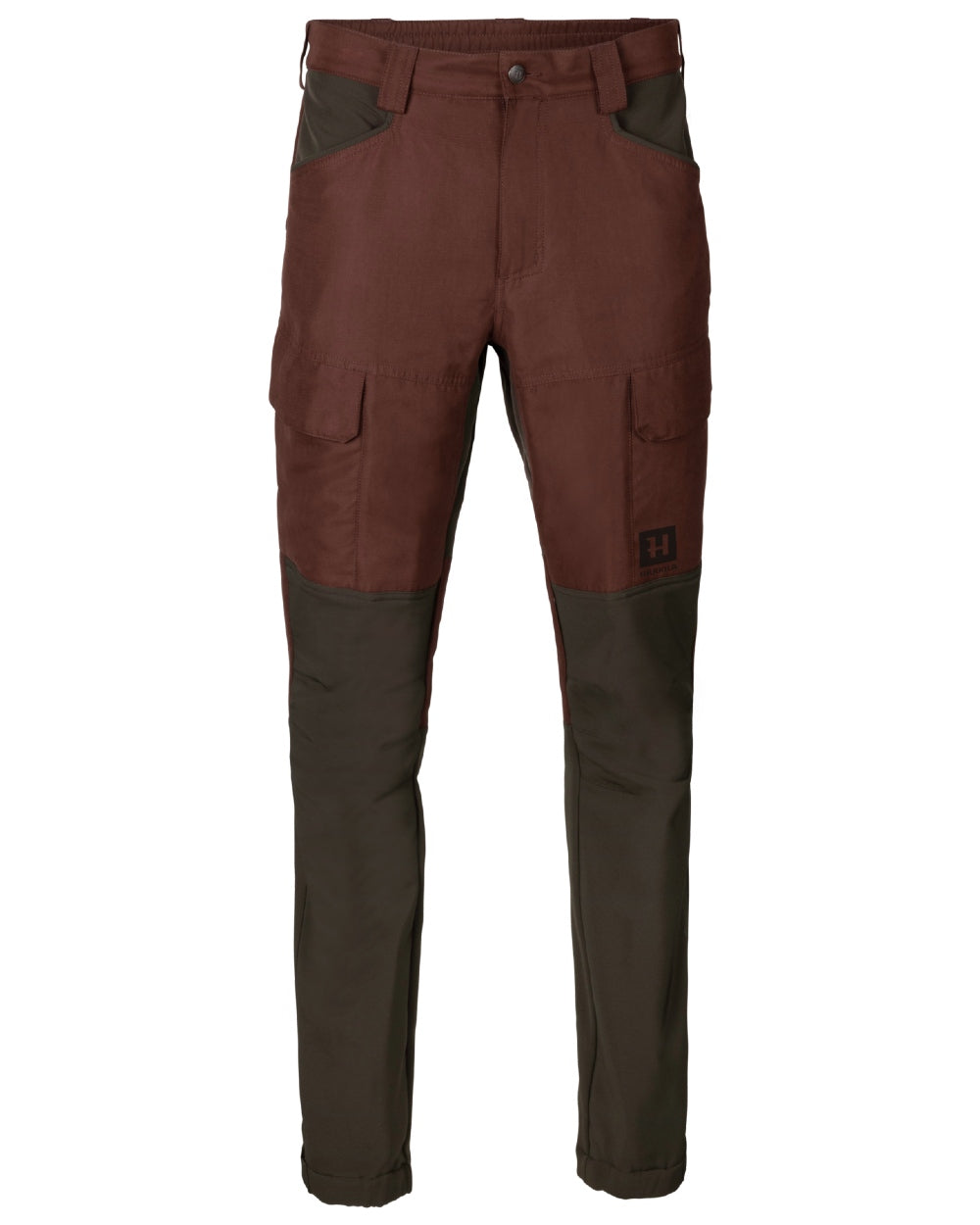 Bloodstone Red/Shadow Brown coloured Harkila Scandinavian Trousers on white background 
