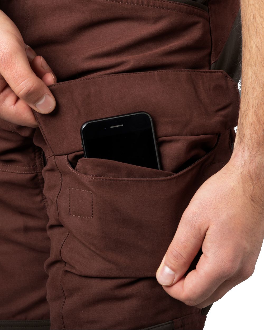 Bloodstone Red/Shadow Brown coloured Harkila Scandinavian Trousers pocket close up on white background 