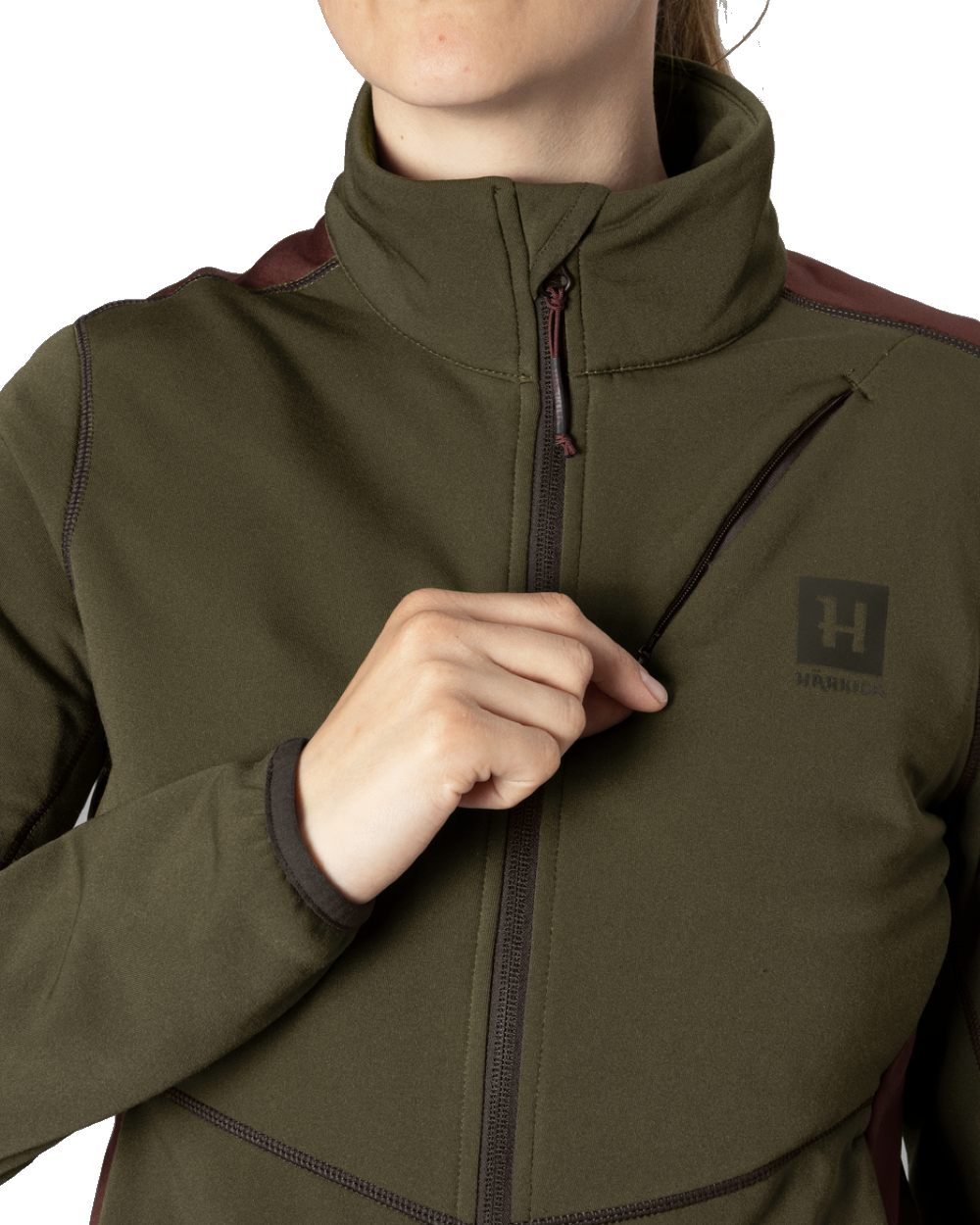 Willow Green coloured Harkila Womens Oda Fleece Jacket close up on model