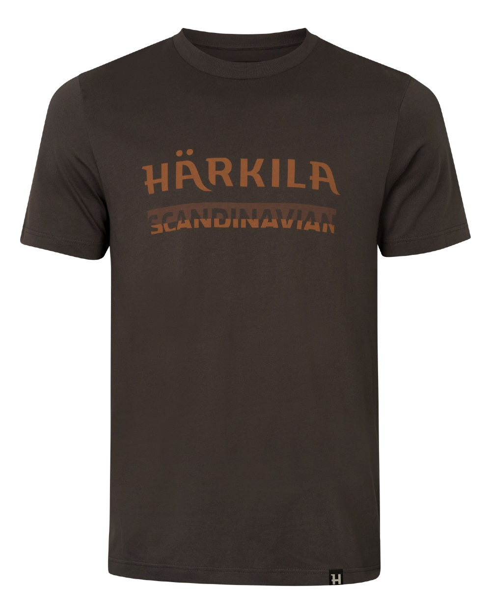 A dark brown short-sleeve crewneck t-shirt featuring a distressed graphic print on the chest that reads &