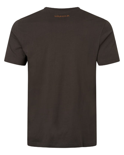 A dark brown short-sleeve crewneck t-shirt shown from the back, featuring a small gold logo printed at the inner neckline, set against a plain white background. 