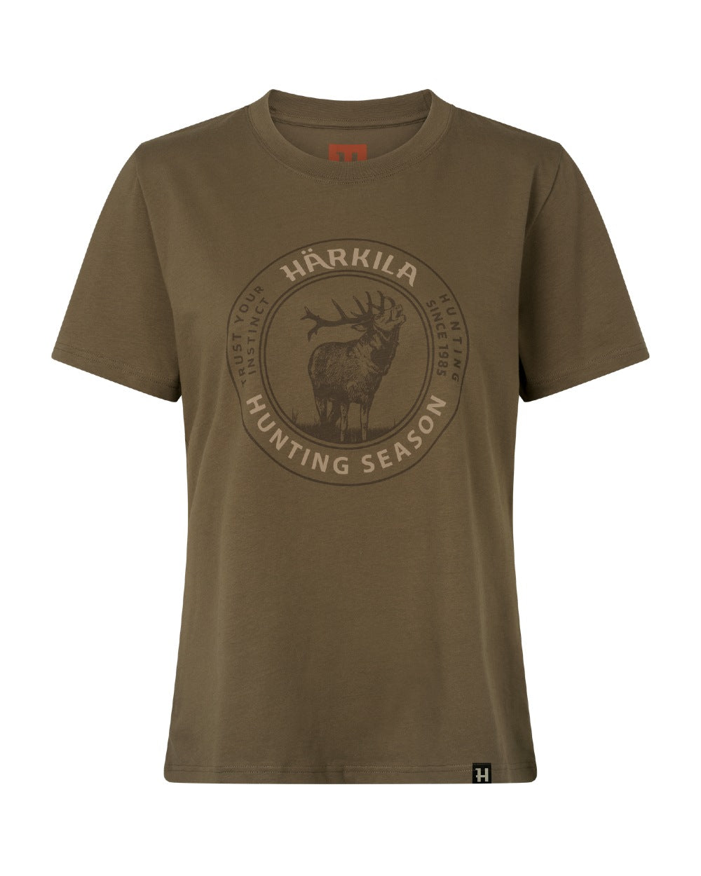 An olive brown short-sleeve crewneck t-shirt featuring a circular graphic on the chest with a deer silhouette and the text &