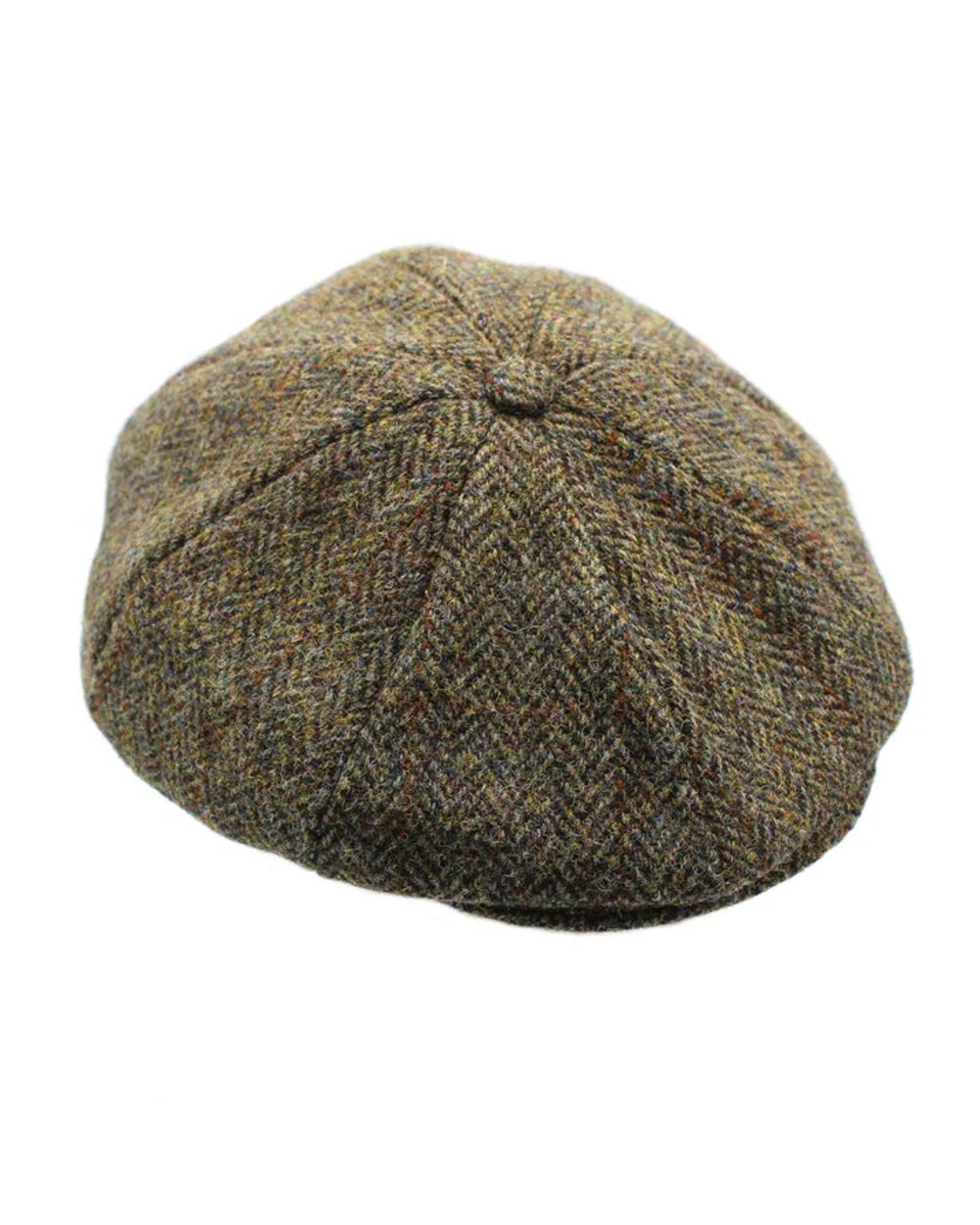 Green Brown Herringbone coloured Heather Arran 8-Piece Harris Tweed Cap on white background 