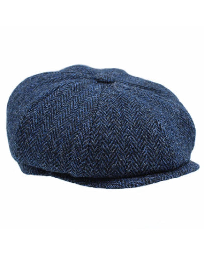 Midnight coloured Heather Brodick Harris Tweed 8-Piece Cap on white background 