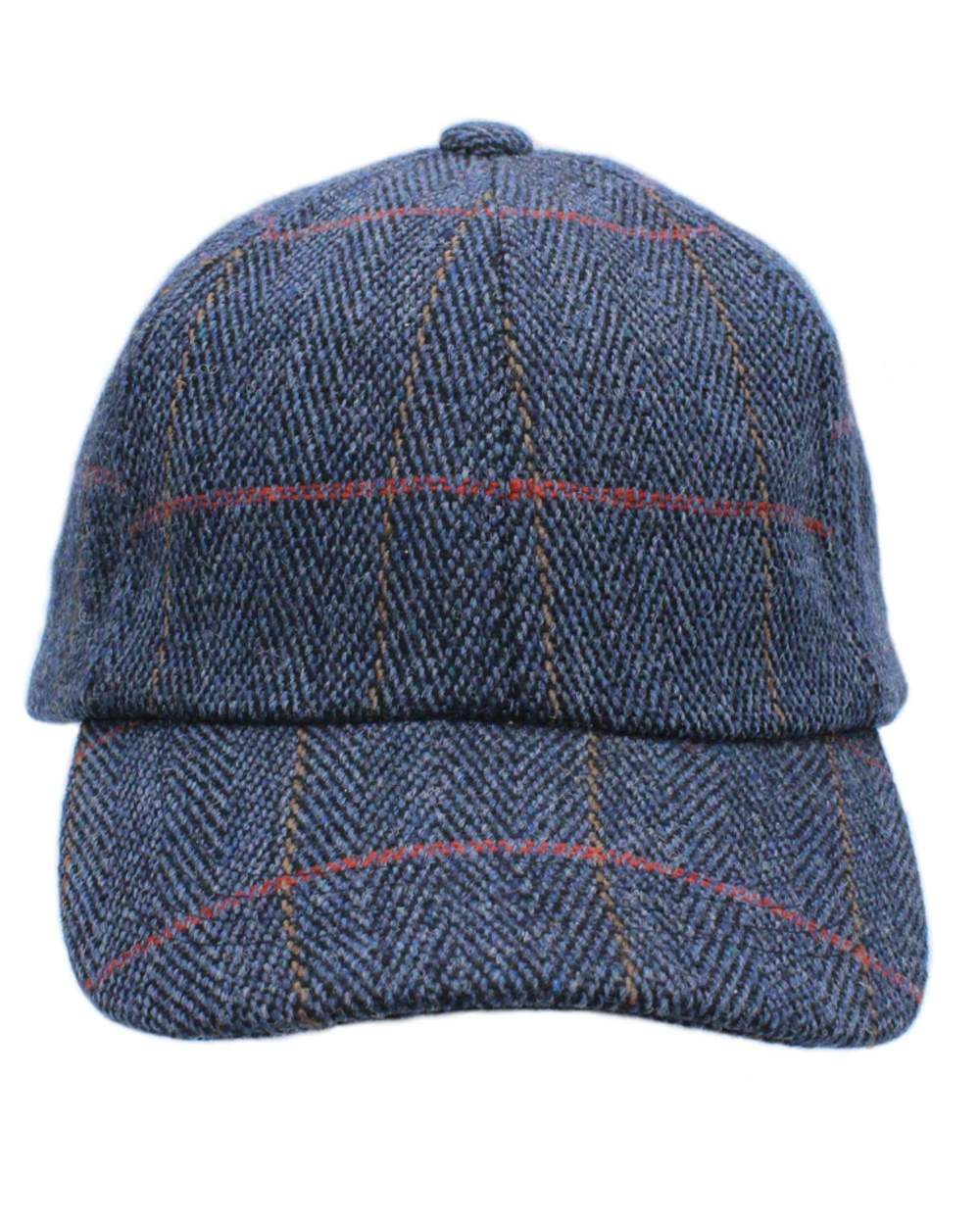 Midnight Blue Coloured Heather Callow Derby Tweed Baseball Cap on white background 