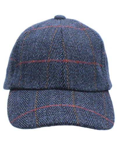 Midnight Blue Coloured Heather Callow Derby Tweed Baseball Cap on white background 